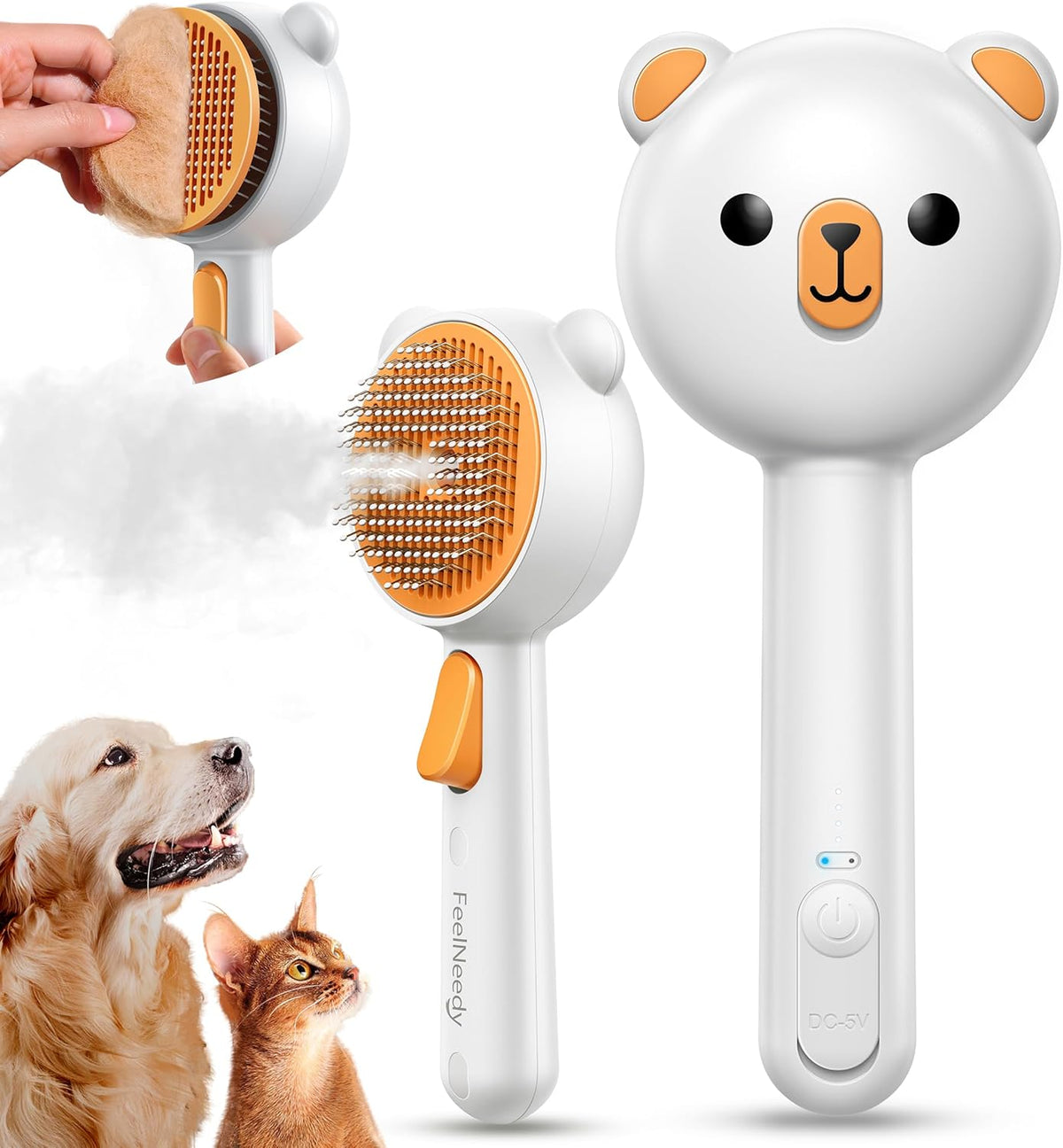 Pet Steam Brush for Dogs & Cats, Brushes for Indoor Cats with Release Button, Undercoat Removal Grooming Brush, Dual Spray USB Rechargeable, Dog Brush for Shedding for All Long- and Short-Haired Pets
